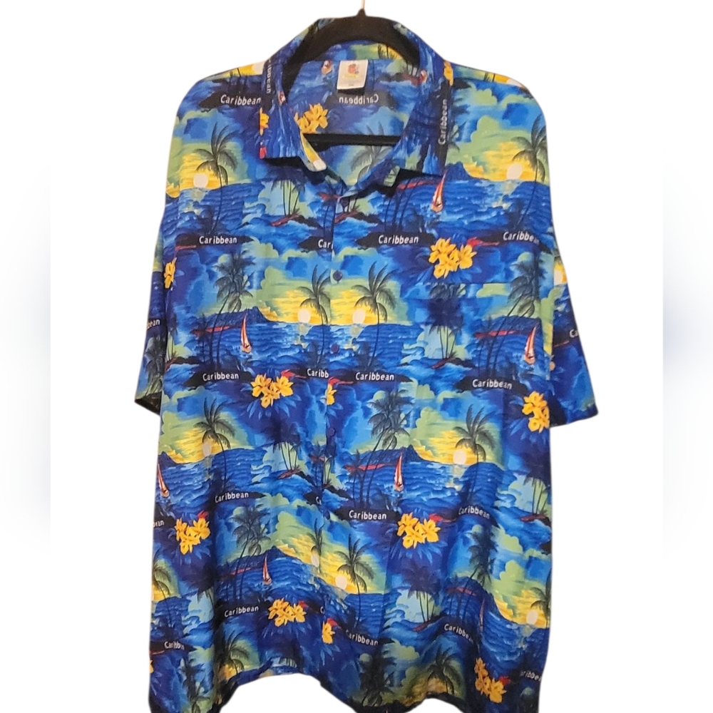 Vtg Rima Hawaiian Shirt, Carribean Palm Flower Sailboat Print Shirt Sz 3XL